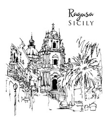Drawing sketch illustration of San Giorgio Church in Ragusa