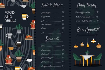 Cafe menu brochure flyer vector illustration. Cartoon flat design template of hot drink and food coffeehouse presentation menu with coffee cappuccino tea, dessert cake for cafeteria restaurant bakery