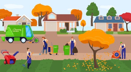 Cleaning city service vector illustration. Cartoon flat worker cleaner people in uniform working with equipment for clean city urban public park and street cityscape, professional waste trash removing