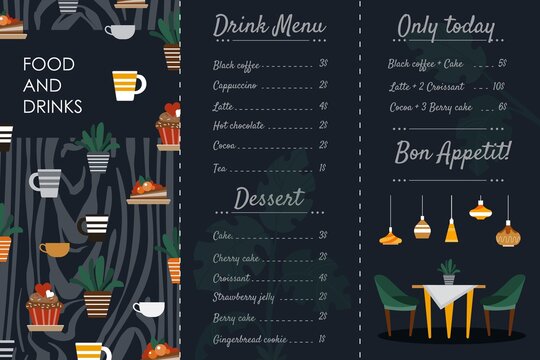 Cafe menu brochure flyer vector illustration. Cartoon flat design template of hot drink and food coffeehouse presentation menu with coffee cappuccino tea, dessert cake for cafeteria restaurant bakery