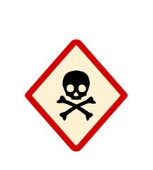 Skull and crossbones in red rhombus on white background as warning symbol