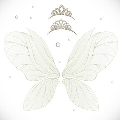 Fairy wings with gold tiaras bundled isolated on a white background