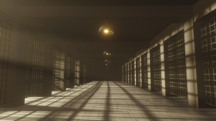 Camera walk in prison. Surrounded by prison cells. Gloomy mood. Fog, rays, daylight. Walk-through the gaol. Crime. Interrogation. Justice. Separated cell. One person. Guard. Walk. 3d Rendering