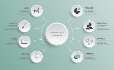 Flowchart diagram. Infographic template with a five steps for success research, eamwork, planning, creative, product, goal, success, strategy