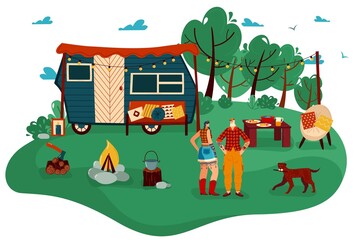 Obraz na płótnie Canvas People travel in trailer vector illustration. Cartoon flat man woman couple traveler characters standing in tourist camp with campfire, campervan car trailer, summer outdoor tourism isolated on white