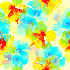 watercolor hibiscus flowers  on a yellow background seamless pattern