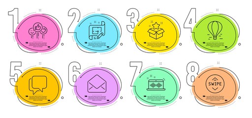 Loyalty program, Talk bubble and Swipe up signs. Timeline steps infographic. Music making, Mail and Air balloon line icons set. Like, Architect plan symbols. Dj app, E-mail. Technology set. Vector