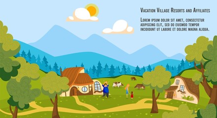 People on village vacation vector illustration. Cartoon flat happy family villager characters spending time together near countryside houses, farm with cows in green summer mountain farmland landscape