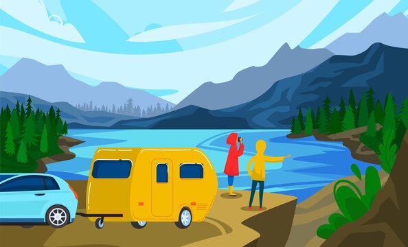 People travel in trailer vector illustration. Cartoon flat man woman couple camper traveler characters standing next to campervan car trailer on river summer landscape, weekend adventure background