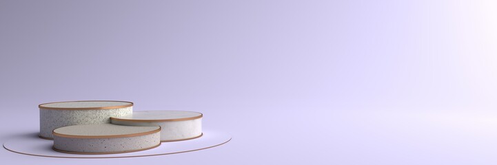 Round marble Pedestal, Podium for display product on the pink floor. Pedestal can be used for commercial advertising, Isolated on violet background, Product Presentation, illustration, 3D rendering.