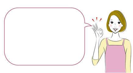 young housewife with apron, speaking something ok with speech bubble.