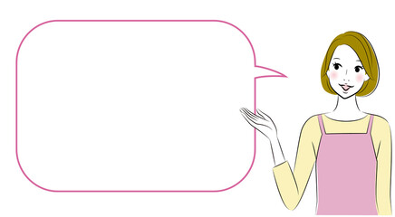 young housewife with apron, guiding something with speech bubble.