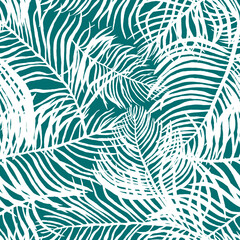 White palm leaves seamless floral pattern background.