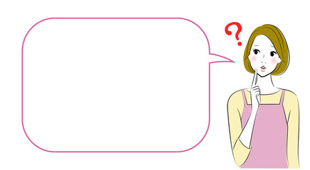 young housewife with apron, speaking some questions with speech bubble.