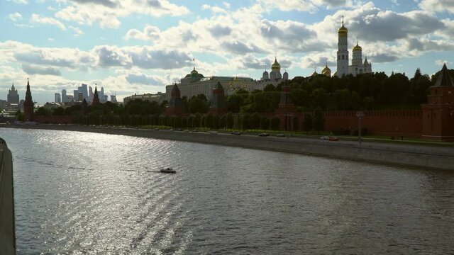 Kremlin embankment and the Grand Kremlin Palace of the Moscow river at sunset