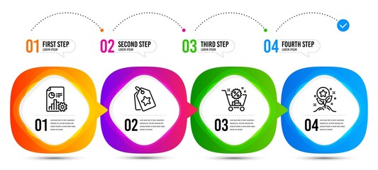 Report, Loyalty points and Loyalty tags line icons set. Timeline steps. Shopping cart sign. Presentation document, Bonus grows, Bonus reward. Discount. Finance set. Vector