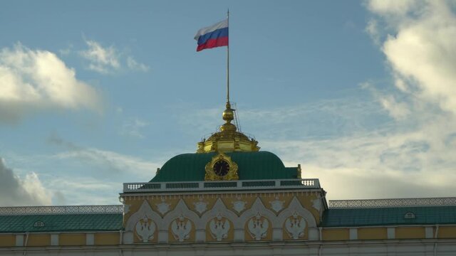 State flag of the Russian Federation over the Grand Kremlin Palace, the ceremonial residence of the President of Russia