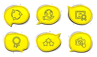 Success sign. Diploma certificate, save planet chat bubbles. Augmented reality, Ranking stars and Recycle line icons set. Phone simulation, Winner award, Recycling waste. Award reward. Vector