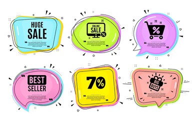 Huge Sale. Big buys, online shopping. Special offer price sign. Advertising Discounts symbol. Quotation bubble. Banner badge, texting quote boxes. Huge sale text. Coupon offer. Vector