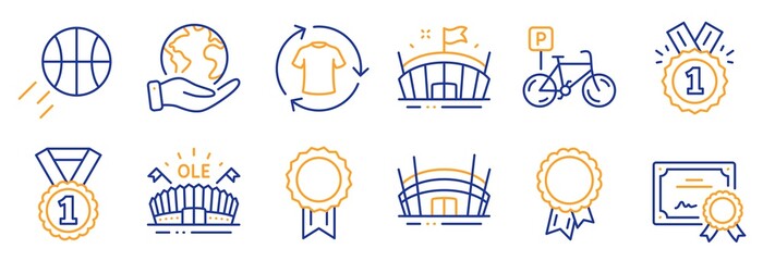 Set of Sports icons, such as Basketball, Approved. Certificate, save planet. Arena, Best rank, Change clothes. Arena stadium, Success, Bicycle parking. Reward line icons. Vector