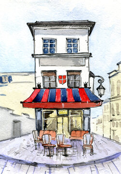 Hand drawn watercolor cafe