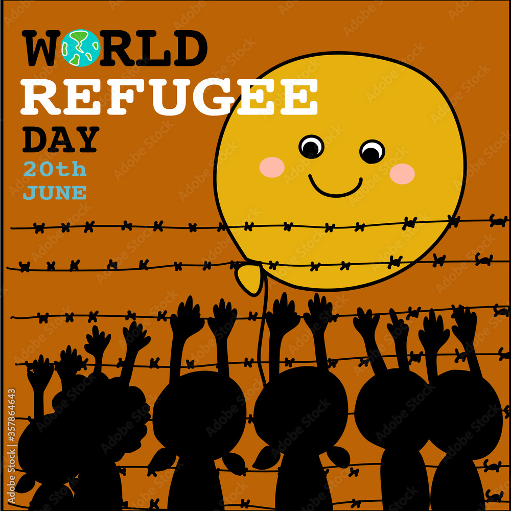 Wall mural group of refugee kids trying to reach big happy yellow happy balloon  behind the barbed wire fence. for world refugee day on 20th June hand drawn cartoon vector 