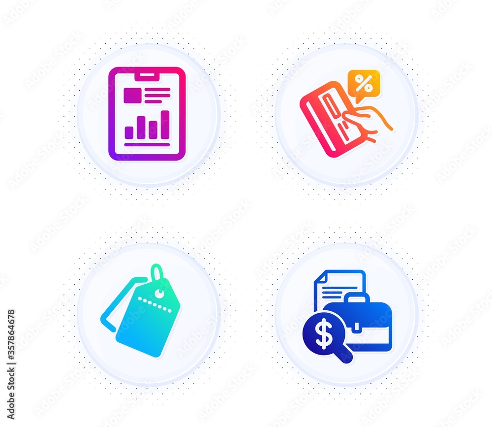 Poster report document, sale tags and credit card icons simple set. button with halftone dots. accounting r