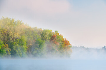 Fototapeta na wymiar Spring landscape at sunrise of Long Lake in fog, Yankee Springs State Park, Michigan, USA