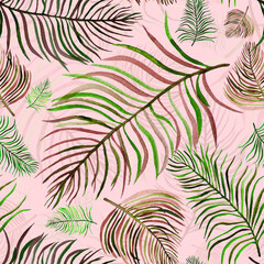 Fototapeta na wymiar Green palm leaves seamless floral pattern background.