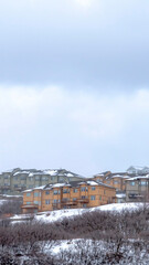 Vertical crop Hill with homes on its gentle slope covered with fresh snow during winter season