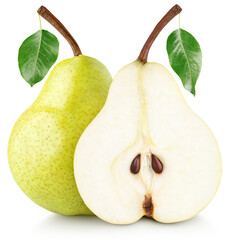 Green yellow pear fruit with pear half and green leaves isolated on white background with clipping...