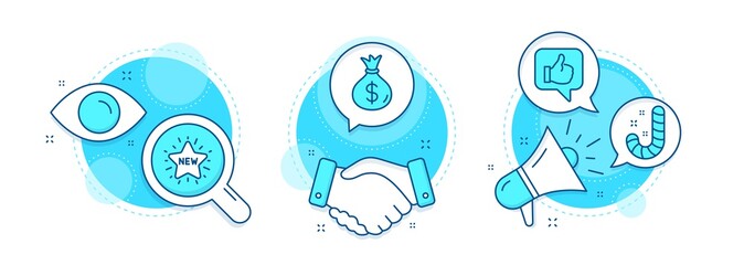 New star, Money bag and Candy line icons set. Handshake deal, research and promotion complex icons. Like sign. Shopping, Usd currency, Lollypop. Thumbs up. Business set. Vector
