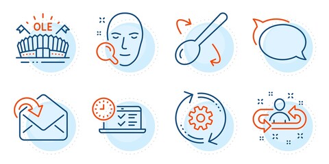Cogwheel, Cooking spoon and Face search signs. Recruitment, Online test and Talk bubble line icons set. Sports arena, Receive mail symbols. Manager change, Examination. Business set. Vector