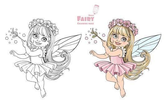 Cute little spring fairy girl with magic wand color and outlined picture for coloring book on white background