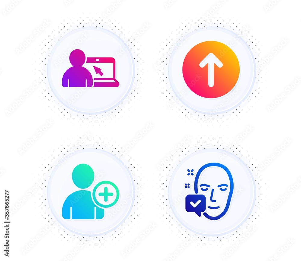 Poster online education, swipe up and add user icons simple set. button with halftone dots. face accepted s