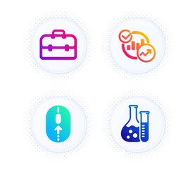 Portfolio, Statistics and Swipe up icons simple set. Button with halftone dots. Chemistry lab sign. Business case, Report charts, Scrolling page. Laboratory. Science set. Vector