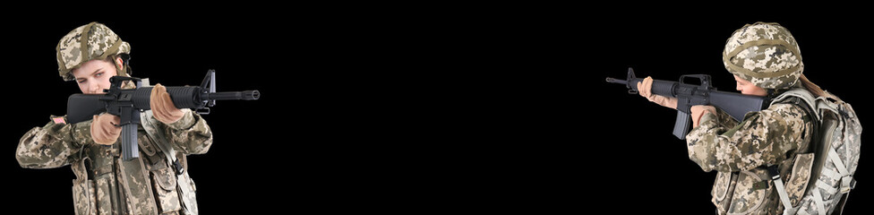 Woman in military uniform with machine gun on black background, banner design. Space for text