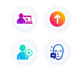 Online education, Swipe up and Add user icons simple set. Button with halftone dots. Face accepted sign. Internet lectures, Scroll screen, Profile settings. Access granted. Business set. Vector