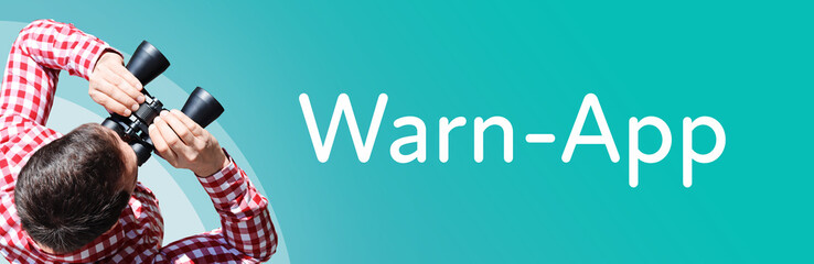 Naklejka premium Warn-App. Mann mit Fernglas aus Vogelperspektive. Beobachtung, Draufsicht, Panorama. Business Text auf blau. Statistik, Wirtschaft