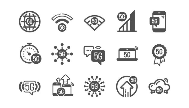 5G technology icons set. Mobile network, fast internet, phone connection. Hotspot signal, mobile telecommunications, wifi internet icons. 5G cellular network technology. Quality set. Vector