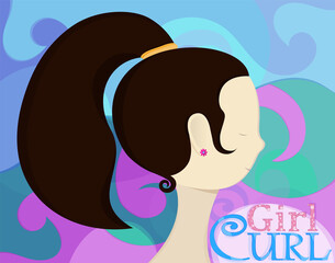 Beautiful girl in profile with curls on a colorful background. Vector illustration. - 357865604