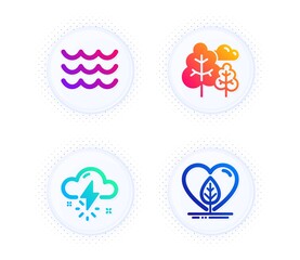 Obraz premium Thunderstorm weather, Waves and Tree icons simple set. Button with halftone dots. Local grown sign. Thunder bolt, Water wave, Forest plants. Organic tested. Nature set. Vector