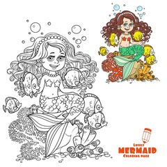 Cute little mermaid girl sits on a stone playing with fish coloring page on a white background