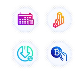 Loan percent, 3d chart and Calendar icons simple set. Button with halftone dots. Bitcoin pay sign. Decrease rate, Presentation column, Calculator device. Cryptocurrency coin. Finance set. Vector