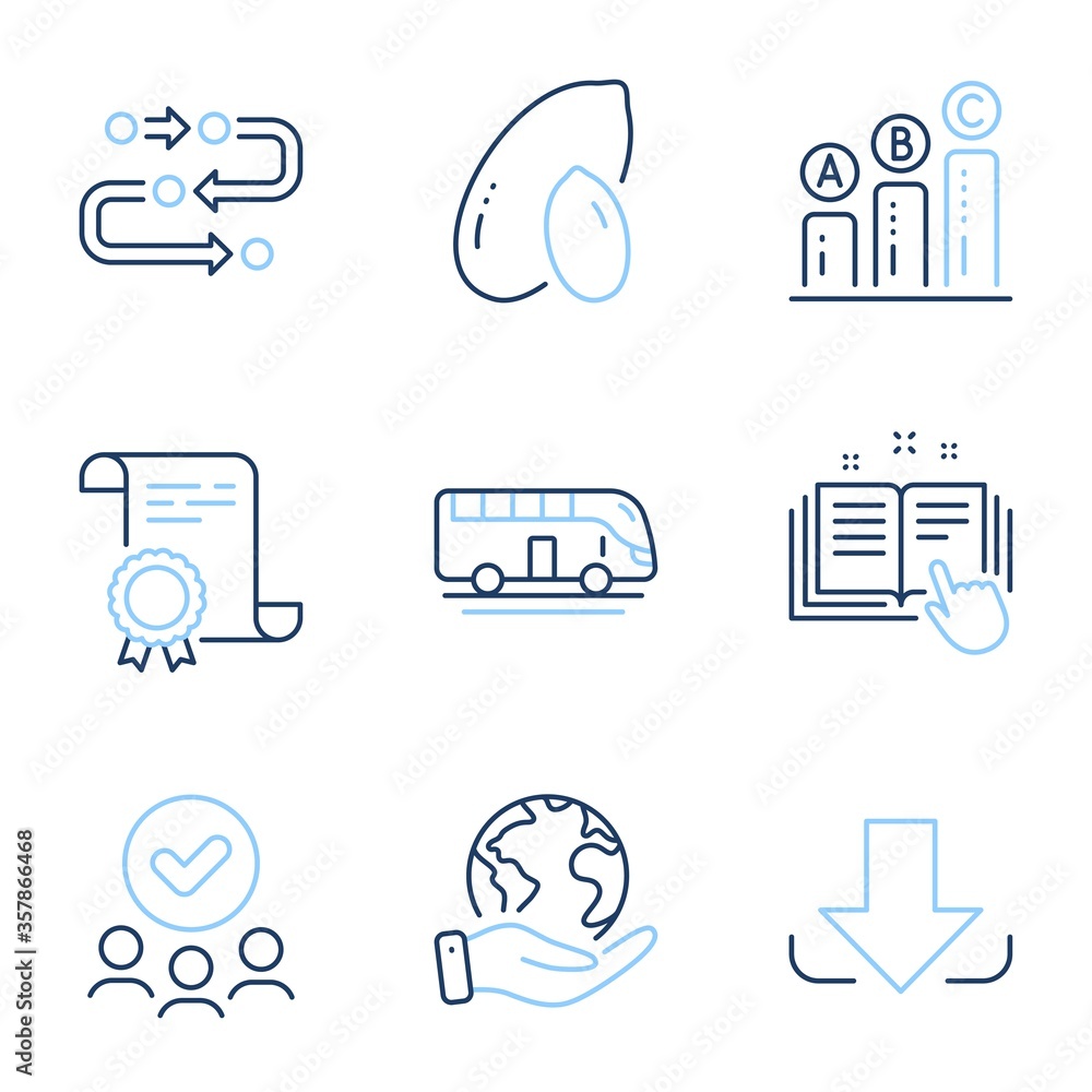 Poster download, peanut and graph chart line icons set. diploma certificate, save planet, group of people. 