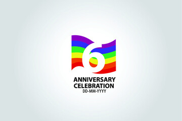 6 year anniversary celebration logotype with white number Emboss Style isolated on LGBT Colorful Flag on white grey background for invitation card, banner or flyer -vector