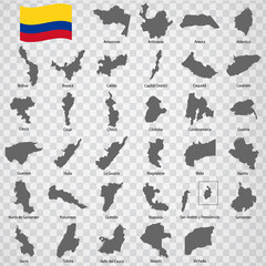 Thirty three Maps of departments Colombia - alphabetical order with name. Every single map of state are listed and isolated with wordings and titles. Republic of Colombia. EPS10. 