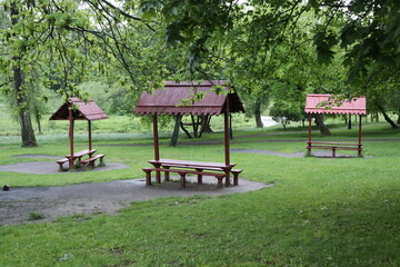 barbecue arbors in rainy park