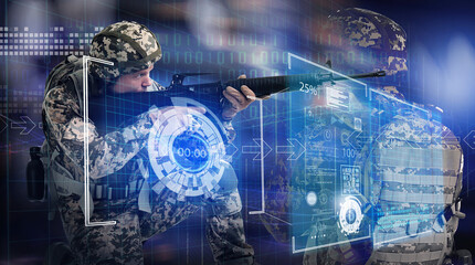 Double exposure of soldier with machine gun and different schemes. Military concept