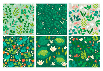 Various Branches, Flowers, Leaves, Frogs, Water Lillies. Hand drawn Vector illustrations. Design for fabric, textile, wrapping paper. Set of six Colorful Seamless Patterns, Wallpapers, Backgrounds